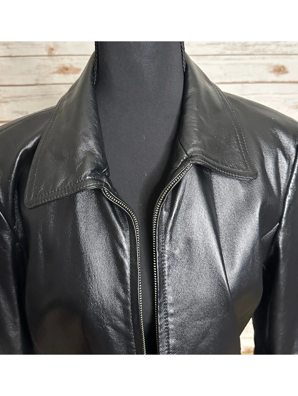 Black 100% leather full zip long sleeve jacket Small minimalist quiet luxury